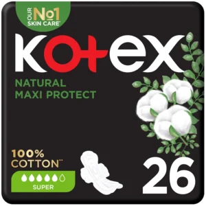 Kotex Natural Maxi Thick sanitary pads made with 100% cotton for heavy flow, offering natural protection, long-lasting freshness, and freedom of movement.