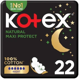 Kotex Natural Maxi Pads offer overnight protection with a 100% cotton cover and anti-leak channels, providing comfortable and secure feminine care.