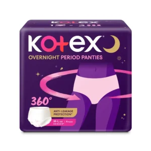 Kotex overnight period panties in medium/large size provide heavy flow protection with a 360-degree anti-leakage design and airy-soft fabric, where one panty equals approximately three regular pads.