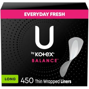 Five packs of U by Kotex Balance thin pantiliners with light absorbency and a breathable soft touch cover for a fresh, comfortable feel all day long.