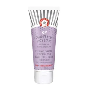 First Aid Beauty KP Bump Eraser Body Scrub gently exfoliates to reduce keratosis pilaris bumps and reveal smoother, healthier looking skin.
