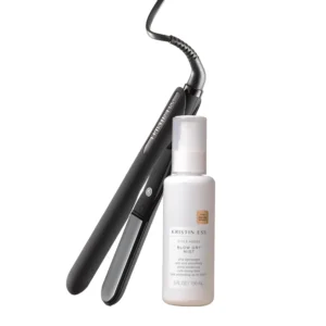 Kristin Ess mini flat iron and heat protectant spray set with travel case, perfect for styling short hair and travel.