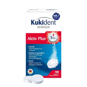 A box of Reckitt Kukident Aktiv Plus Express denture cleaning tablets that removes plaque, bacteria, and discoloration in just 3 minutes using active oxygen.
