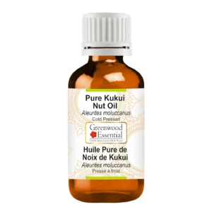 A 10ml amber glass bottle of Greenwood Essential pure, vegan, and cruelty-free Kukui Nut Oil, cold pressed from Aleurites moluccanus for daily skin and hair care.