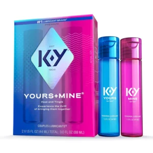 K-Y Yours+Mine personal lubricant in blue and pink bottles, recommended by doctors, creates a warming sensation for him and can be used with intimate massages.