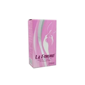 A bottle of La Femme intimate antiseptic and freshener, a skin care product designed for cleaning and refreshing intimate areas.