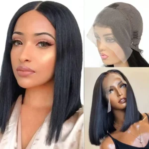 This is a short, straight black bob wig made of Brazilian virgin human hair with a natural hairline and pre-plucked baby hairs, featuring a 13x4x1 lace front for a seamless and comfortable fit.