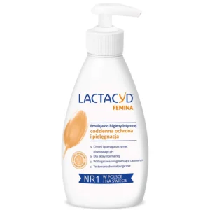 A bottle of Lactacyd Femina Wash, a gentle daily cleanser for maintaining feminine hygiene and protecting the external vaginal area.