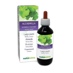 Bottle of Lady's Mantle (Alchemilla vulgaris) alcohol-free liquid extract drops by Naturalma, a vegan food supplement made in Italy.