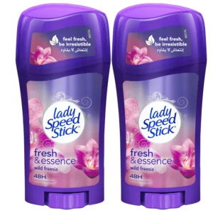 Two-pack of Lady Speed Stick Wild Freesia antiperspirant deodorant provides long-lasting 48-hour odor and wetness protection with no white residue, keeping you fresh all day.