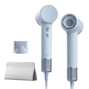 The Laifen Mini hair dryer in blue is compact and lightweight, featuring negative ion technology for smooth, shiny hair and intelligent heat control to prevent damage.