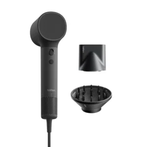 The Laifen Neo hair dryer in black, featuring high-speed drying, negative ion technology, and quiet operation, is displayed with its magnetic nozzle attachments.