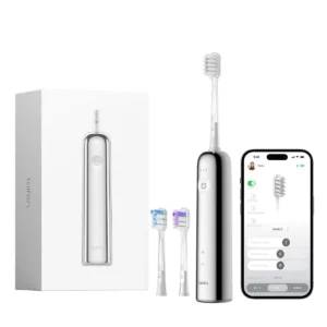 Stainless steel Laifen Wave electric toothbrush with three different brush heads for gum care, super cleaning, and whitening.