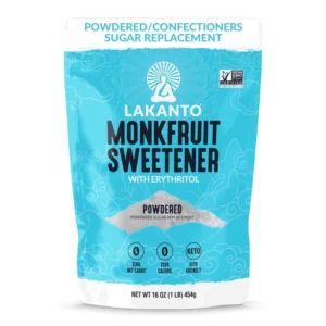 A bag of Lakanto Monkfruit Sweetener with Erythritol, a natural, zero-calorie sugar substitute for blood sugar and weight management.