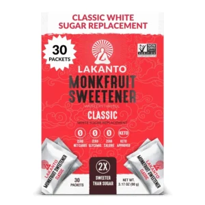 Lakanto Classic Sweetener packets, a sugar substitute by Lakanto, offers a healthy alternative to sugar in a convenient packet form.