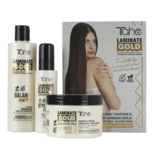Tahe Laminate Gold hair smoothing kit with sulfate-free shampoo, balancing mask, and styling cream to extend the mirror laminate effect.