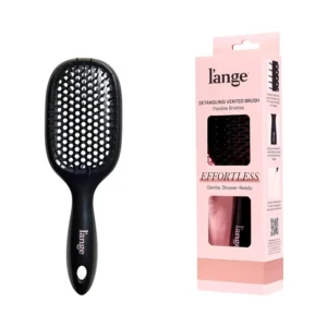 Black L'ANGE detangling brush with flexible bristles, ergonomic handle, and shower-friendly strap, ideal for gently detangling all hair types in or out of the shower.