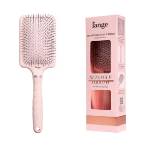 L'ANGE HAIR detangling paddle brush with soft nylon bristles gently glides through wet or dry hair for smooth strands while massaging the scalp.