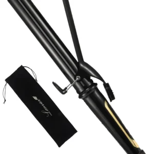 Lanvier 1.25 inch curling iron with extra long barrel for creating relaxed curls in long and thick hair, featuring tourmaline ceramic coating and adjustable temperature up to 450°F.