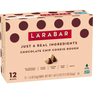 A box of 12 Larabar Chocolate Chip Cookie Dough fruit and nut bars, a gluten-free and vegan snack made with simple ingredients like cashews, dates, and Fair Trade Certified chocolate chips.