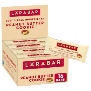 Sixteen LÄRABAR Peanut Butter Cookie bars, made with dates, peanuts, and sea salt, providing a simple, vegan, gluten-free, and healthy snack.