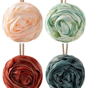 A four-pack of large, rose-shaped bath sponges designed to exfoliate and cleanse skin, creating a rich lather with shower gel or soap.