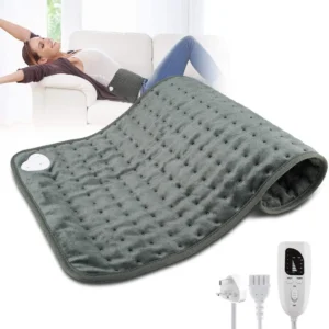 Large grey 12x24 inch heating pad provides fast pain relief for back, neck, shoulders, and legs with 6 temperature settings and auto shut off timer.