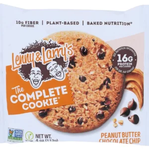 A package of twelve Lenny & Larry's The Complete Cookies in peanut butter chocolate chip flavor.