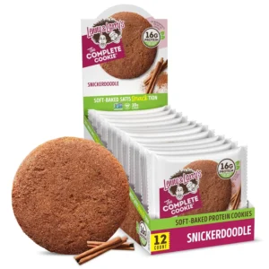 A box of 12 Lenny & Larry's Snickerdoodle Complete Cookies, plant-based protein cookies with 16g of protein and 10g of fiber.