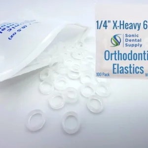 Factory sealed pack of 100 clear, non-latex, extra-heavy orthodontic elastics made in the USA, providing perfect strength and stretch for braces.