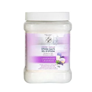 One kilogram bag of lavender scented Epsom bath salts for a calming and therapeutic bathing experience, perfect for muscle relaxation and stress relief.