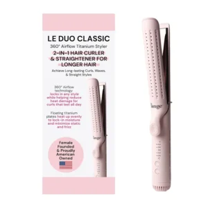 L'ANGE Le Duo Grande is a 2-in-1 hair styling tool combining a curling iron and flat iron with titanium plates and airflow technology for creating curls, waves, and sleek, straight styles.