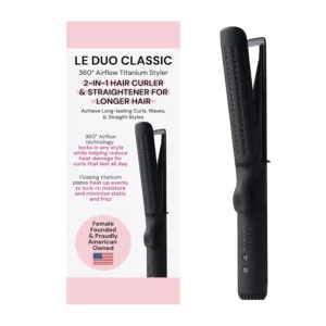 L'ANGE Le Duo Grande is a 2-in-1 hair styler and titanium flat iron with airflow vents for creating curls or straightening long, thick hair while locking in style and shine.
