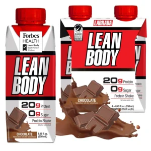 Four chocolate Labrada Lean Body ready to drink protein shakes for men and women, a meal replacement with 20 grams of whey protein.