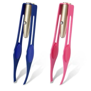 These LED lighted tweezers, in blue and pink, offer precision hair removal for eyebrows and eyelashes with their bright LED light and stainless steel construction.