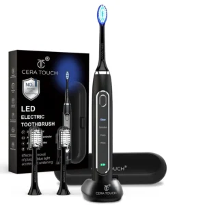 CERA TOUCH electric toothbrush with 6 blue LEDs provides teeth whitening and includes 4 modes, smart timer, memory function, 2 heads, wireless charging, IPX7 waterproof rating, and a travel case.