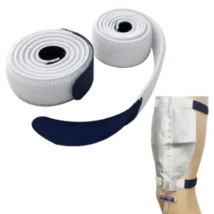 Five reusable and washable catheter leg bag straps with anti-slip silicone grips, each 90cm long and fully adjustable for a secure and comfortable fit.
