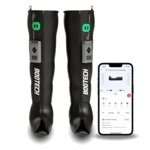 These cordless leg compression boots with five air chambers provide a customizable and portable air compression massage for muscle recovery, improved circulation, and reduced inflammation, featuring a rechargeable battery and automatic deflation.