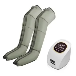 Green leg compression device uses pneumatic compression to improve blood circulation, reduce edema, and prevent thrombosis.