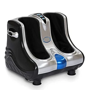 Silver electric leg and foot massager machine with kneading pads and vibration therapy, designed to relieve pain and promote blood circulation.
