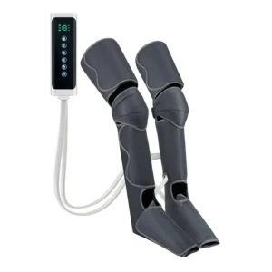 Air compression leg massager with heat provides sequential massage for calf, thigh, and foot, promoting circulation and relaxation with adjustable modes and intensity.