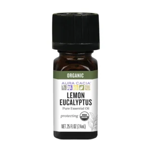 A bottle of Aura Cacia Certified Organic Lemon Eucalyptus Essential Oil, steam distilled from Corymbia citriodora.