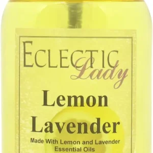 A bottle of all natural lemon lavender bath oil, perfect for a relaxing and aromatic bathing experience.