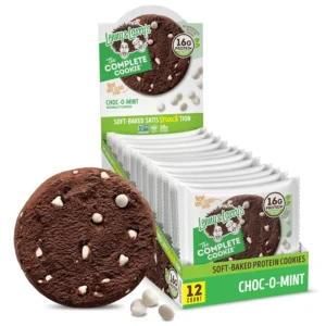 A pack of Lenny & Larry's The Complete Cookie, Choc-O-Mint flavor, offering 16g of plant protein per vegan, soft-baked cookie.
