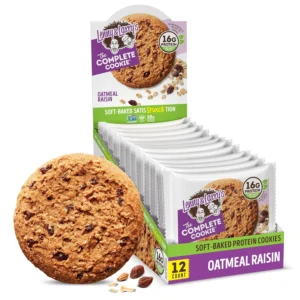 A package of 12 soft-baked, vegan Lenny & Larry's The Complete Cookies in oatmeal raisin flavor, hygienically packaged and formulated with care, offering a host of goodness.