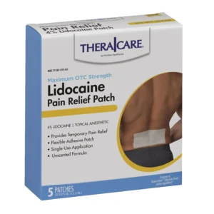 Five individually wrapped TheraCare 4% lidocaine pain relief patches for temporary relief of muscle and joint pain associated with arthritis, backaches, strains, sprains, and bruises.