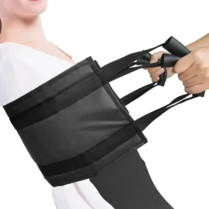 Black padded lift belt with sponge grip handles assists caregivers in safely transferring elderly patients from beds, chairs, or the floor, reducing injury risk.
