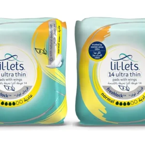 Ultra-thin Lil-Lets Freshlock Normal pads with wings provide comfortable, fragrance-free leak protection for light to medium flow, featuring a soft 100% cotton top cover and natural deodoriser.