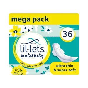 Lil-Lets maternity ultra thin pads with wings, individually wrapped for hygiene and portability, perfect for postpartum bleeding from 3 weeks after birth and sensitive skin.