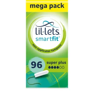 Six packs of Lil-Lets Super Plus non-applicator tampons, designed for heavy flow with a plant-based core and SmartFit technology for comfortable, leak-proof protection.